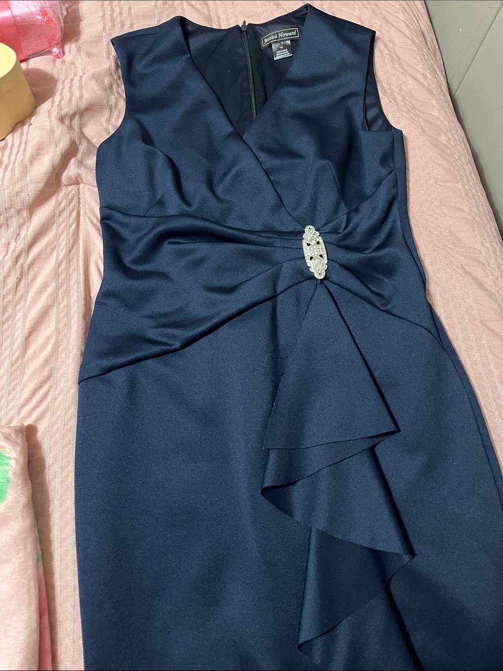 Jessica Howard Navy Sleeveless Sheath Dress with Rhinestone Accent